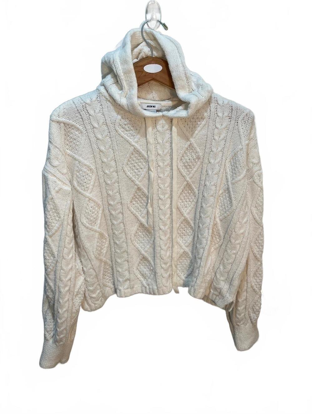 Jason Wu Women's White Cable Knit Hoodie, Size Large